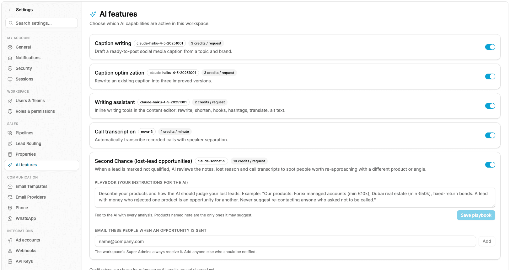 AI features settings, with a toggle and playbook per feature