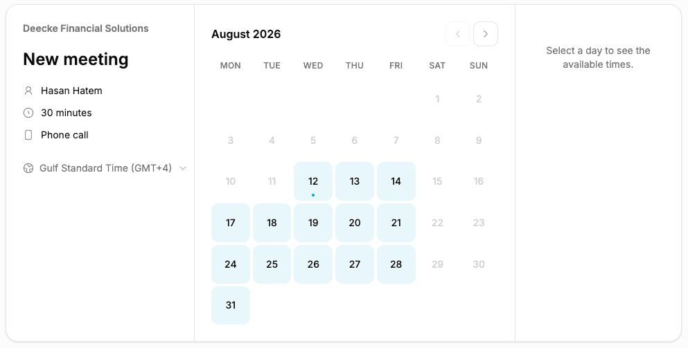 DeeCore booking page